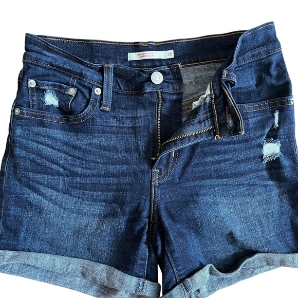 Levi’s 501 mid-length shorts dark wash distressed denim cuffed hem 3.5” inseam - Picture 2 of 9